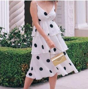 O.P.T Womens Cava White Black Polka Dots Tiered Midi Dress Medium Nwt